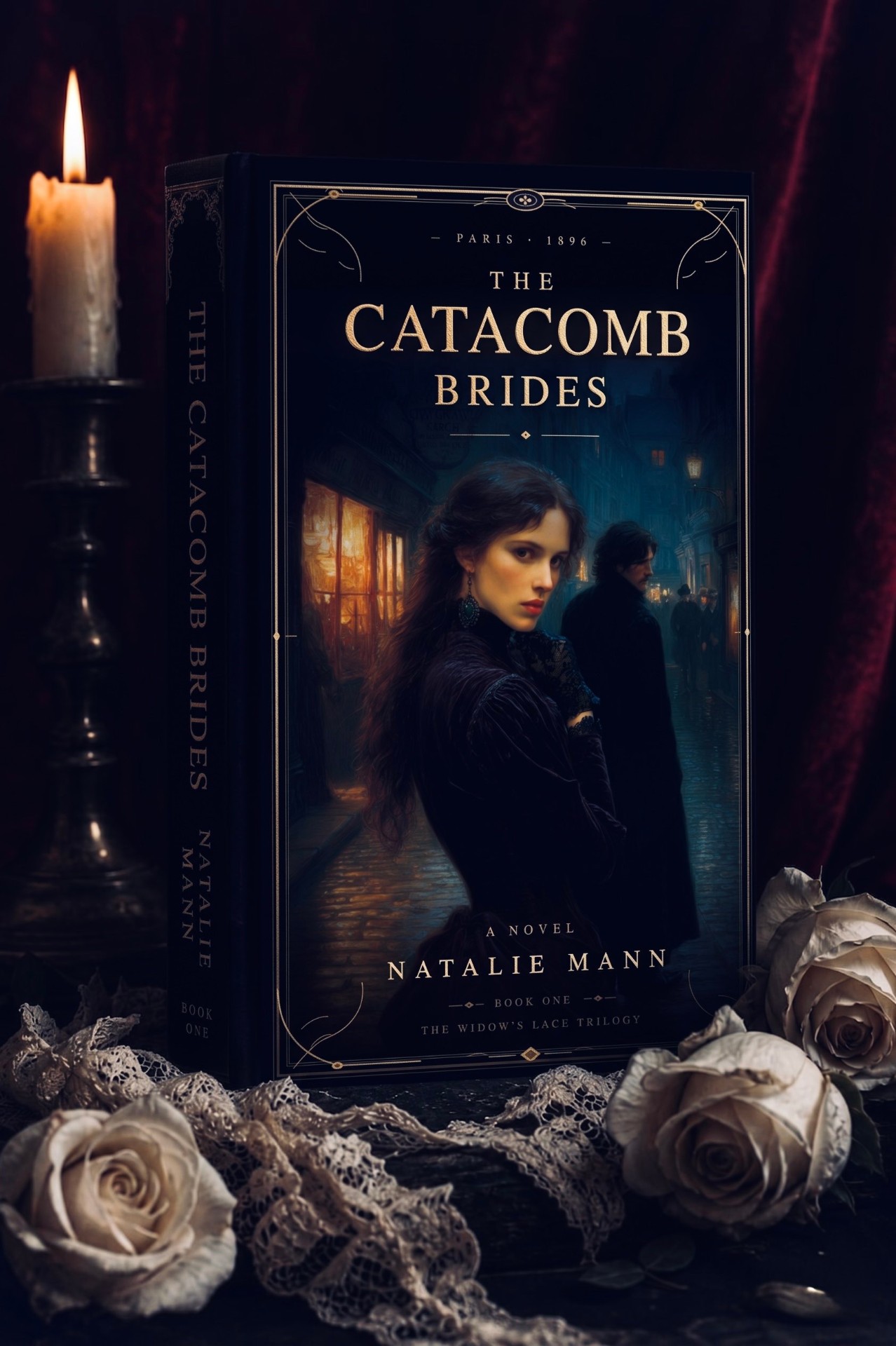 The Catacomb Brides by Natalie Mann — hardcover with candle, lace, and white roses